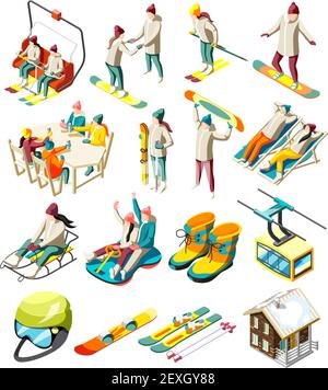 Elementi della stazione sciistica insieme di icone isometriche con sciatori e. snowboarder con attrezzature sportive illustrazione vettoriale isolata Illustrazione Vettoriale