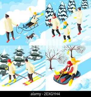 Famiglia durante le vacanze invernali sledding gioco in palle di neve e. concetto di progettazione isometrica dello sci illustrazione vettoriale isolata Illustrazione Vettoriale