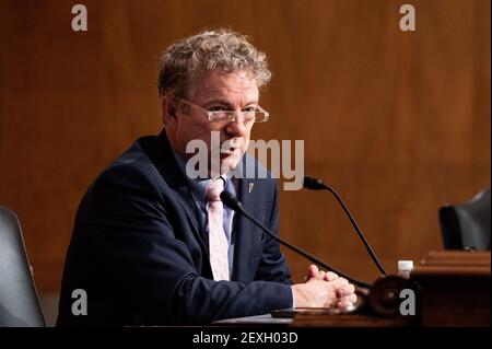 Il senatore statunitense Rand Paul (R-KY) parla ad un'audizione del Comitato per la sicurezza interna e gli affari governativi del Senato. Foto Stock