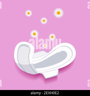 Assorbente igienico femminile e fresco margherita fiore isolato su sfondo viola femminilità. Illustrazione vettoriale in stile piatto con spazio per la copia Illustrazione Vettoriale