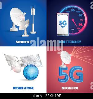 Tecnologia mobile futuristica concetto di design 2x2 con satellite set internet icone quadrate di connessione di rete e 5g illustrazione vettoriale realistica Illustrazione Vettoriale