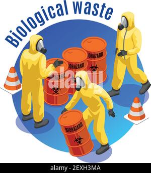 Rifiuti tossici composizione isometrica di fondo rotondo con pericoloso biologico e. illustrazione vettoriale dello smaltimento sicuro dei materiali medicali infettivi Illustrazione Vettoriale