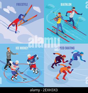 Sport invernali 2x2 concept set di design di velocità freestyle skating hockey su ghiaccio biathlon icone quadrate illustrazione vettoriale isometrica Illustrazione Vettoriale