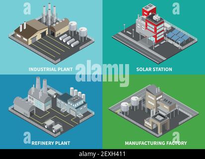 Edifici industriali icone di concetto insieme con impianti di raffineria e solare illustrazione del vettore isolato isometrico della stazione Illustrazione Vettoriale