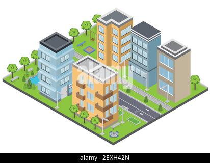 Composizione degli edifici della Suburbia con prati appartamenti e strade vettore isometrico illustrazione Illustrazione Vettoriale