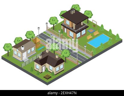 Edifici della zona di Suburbia con case cittadine e cottage vettore isometrico illustrazione Illustrazione Vettoriale