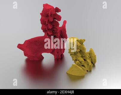 Modello di ossa della colonna vertebrale colorate umane su sfondo metallico, parte inferiore, rendering 3D Foto Stock