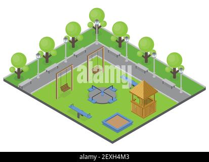 Parco Suburbia con panchine alberi e parco giochi vettore isometrico illustrazione Illustrazione Vettoriale