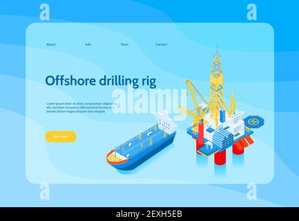 Banner orizzontale di concetto isometrico dell'industria petrolifera con carro di perforazione offshore titolo e giallo vedere altre illustrazioni vettoriali dei pulsanti Illustrazione Vettoriale