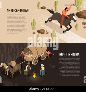 Bandiere isometriche selvatiche dell'ovest con l'indiano americano a cavallo e. cowboys vicino campo fuoco isolato vettore illustrazione Illustrazione Vettoriale