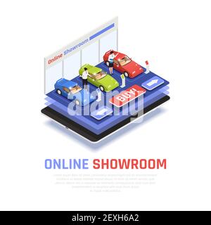 Composizione della concessionaria di automobili con simboli dello showroom online illustrazione vettoriale isometrica Illustrazione Vettoriale