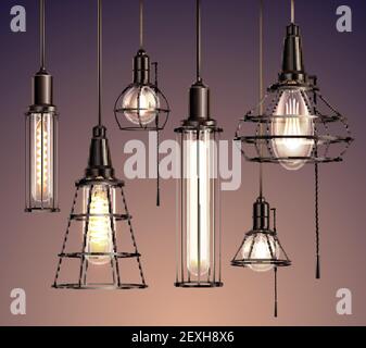 Loft edison vintage gabbia in metallo appeso morbido incandescente luce bulbi varie forme immagine vettoriale set realistica Illustrazione Vettoriale