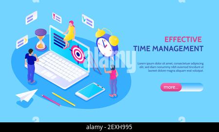 Efficace banner orizzontale di gestione del tempo con caratteri maschili e femminili orologio sveglia clessidra bersaglio icone isolate illustrazione vettoriale Illustrazione Vettoriale