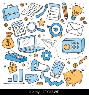 Set di elementi di business e finanza, moneta, calcolatrice, piggy, denaro. Stile di schizzo fumetto. Elemento aziendale disegnato da una penna a pennello digitale. Illustrazione vettoriale per icona, sfondo, logo Illustrazione Vettoriale