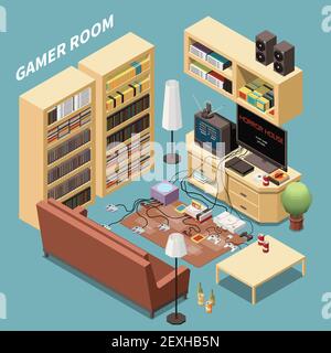 Composizione isometrica per i videogamer con vista interna del salotto con scaffali per mobili e console illustrazione vettoriale Illustrazione Vettoriale