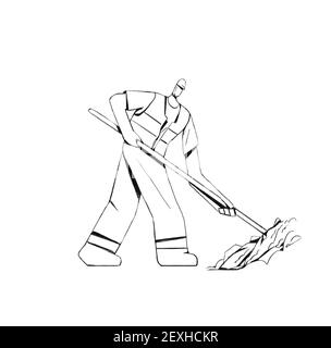 Sketch Builder con pala scavare il cantiere. Illustrazione di clip art per l'industria edile. Design isolato su bianco. Foto Stock