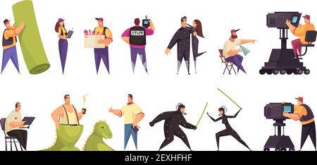 Produzione cinematografica equipaggio telecamera operatore attori attrezzature costumi illustrazione vettoriale dei set orizzontali a fumetti props 2 Illustrazione Vettoriale