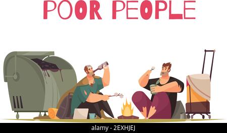 Poveri senzatetto uomini raccolta bottiglie di cibo in spazzatura può cucinare immagine vettoriale della composizione in piano antincendio aperto Illustrazione Vettoriale