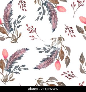 Acquerello motivo senza giunture con boho rosa e marrone piume bohemien, rose fiori foglie. Tribù tribale design tradizionale. Colori neutri ed eleganti per tappezzeria grafica Foto Stock