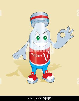 Concetto di vaccino medico mascotte di carattere fumetto sorridente. Flaconcino con vaccino contro il virus, Superhero cartone animato. Illustrazione Vettoriale