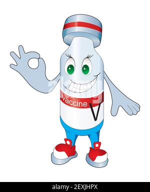 Concetto di vaccino medico mascotte di carattere fumetto sorridente. Flaconcino con vaccino contro il virus, Superhero cartone animato. Illustrazione Vettoriale