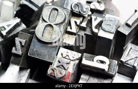 Stampa del tipo di metallo Stampa typeset obsoleta tipografia lettere di testo Foto Stock