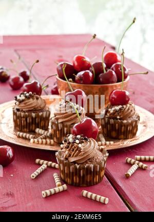 Tortini di cioccolato con ciliegie Foto Stock