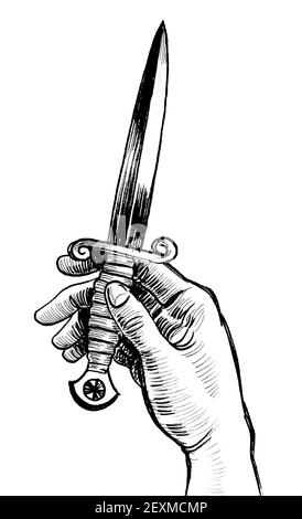 Pugnale che tiene la mano. Disegno in bianco e nero con inchiostro Foto Stock