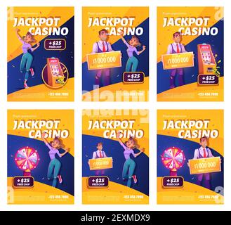 Jackpot Casino vincere poster pubblicitari. Fortunata donna festeggia il premio vincente saltando a soldi e confetti che cadono alla ruota fortunata e su una slot machine a bandito armato, felice vincitore. Illustrazione vettoriale cartoon Illustrazione Vettoriale