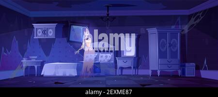 Donna fantasma nella vecchia camera da letto di notte. Vector Cartoon interno di casa vuota abbandonata con mobili rotti, schiantato specchio e caos. Illustrazione Spooky con spirito della ragazza morta nella stanza sporca Illustrazione Vettoriale