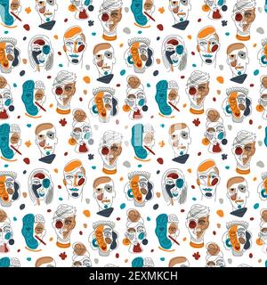 Volti astratti moderni. Silhouette uomo donna contemporanee. Illustrazione trendy del contorno disegnata a mano. Linea continua, concetto minimalista. Senza interruzioni Illustrazione Vettoriale