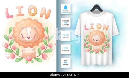 Leone in poster floreale e merchandising. Illustrazione Vettoriale