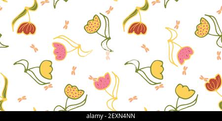 tulipani e farfalle modello vettoriale senza giunture Illustrazione Vettoriale