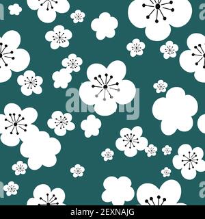 Vector sfondo verde bianco ciliegia fiori sakura, 60ies 70ies vintage fiori hippy, senza cuciture motivo sfondo Illustrazione Vettoriale