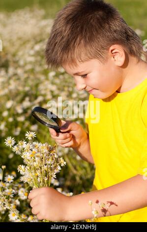 Il ragazzo vede i fiori attraverso la lente d'ingrandimento Foto Stock