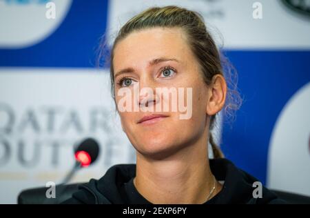 Doha, Qatar. 04 marzo 2021. Victoria Azarenka della Bielorussia parla ai media dopo aver raggiunto la semifinale al torneo di tennis 2021 Qatar Total Open, WTA 500 il 4 marzo 2021 presso il complesso internazionale di tennis e squash Khalifa Doha, Qatar - Photo Rob Prange/Spain DPPI/DPPI/LiveMedia Credit: Paola Benini/Alamy Live News Foto Stock