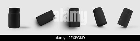 Set di mascherine di vasetti di plastica nera per pillola, contenitore con coperchio per crema, gel, vitamina, per la presentazione del design. Confezione mockup isolata su backgro Foto Stock