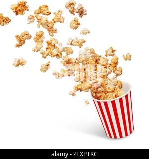 secchio di spruzzi di popcorn isolato su bianco Foto Stock