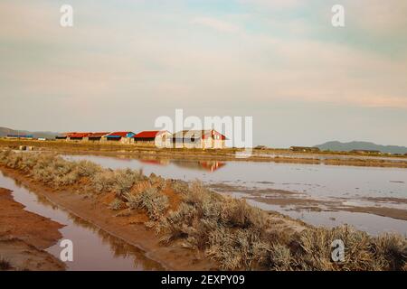 Una vista dei campi di sale con legno deposito case di sale sullo sfondo a Kampot, Cambogia Foto Stock