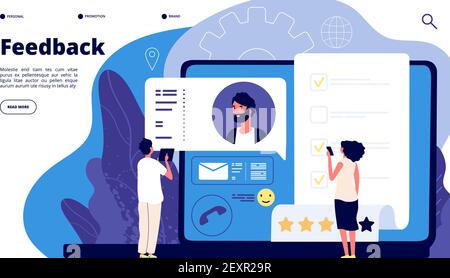 Concetto di valutazione del feedback. Recensione dei clienti online, sondaggio mobile. Tasso di soddisfazione del cliente. Design della landing page vettoriale Illustrazione Vettoriale