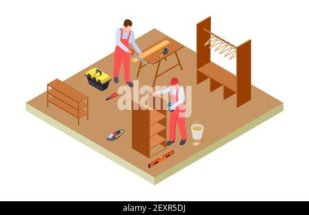 Officina carpentieri. I legnami vettoriali isometrici fanno mobili Illustrazione Vettoriale