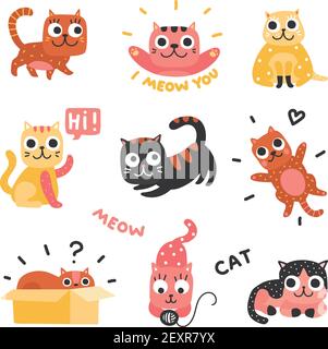 Gatti cartone animato. Gattini divertenti di colori diversi, divertenti caratteri pigri di gatto. Bella animali da compagnia giocosi, set vettoriale di animali domestici Illustrazione Vettoriale