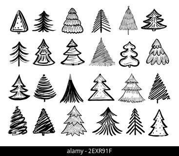 Albero di abete dello schizzo. Gli alberi di Natale scarabocchiano la penna disegnata decorazione di festa. Collezione vintage doodle grafica vettoriale isolato. Disegno a pennello, illustrazione a matita dell'albero di natale Illustrazione Vettoriale