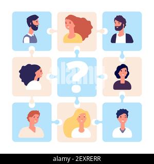 Illustrazione del reclutamento. Puzzle per team aziendali senza team leader. Gestione delle risorse umane, concetto vettoriale dell'agenzia di collocamento. Reclutamento di persone puzzle, manager e società di lavoro di squadra Illustrazione Vettoriale