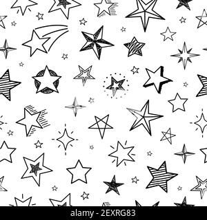 Ripetizione senza giunture delle stelle di schizzo. Cielo stellato di grunge disegnato a mano. Doodle textile stampa vettore geometric texture. Texture disegno di stelle scribble schizzo illustrazione del pattern Illustrazione Vettoriale