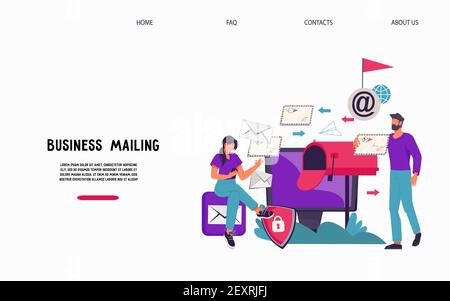 Email business service sito web design interfaccia con persone accanto alla casella di posta ricezione corrispondenza. Posta elettronica via Web o posta elettronica mobile Illustrazione Vettoriale