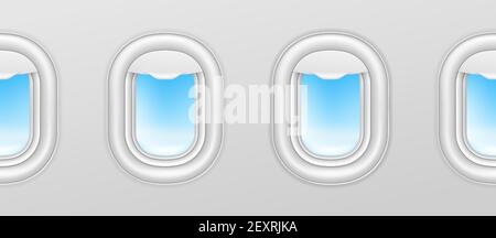 Finestre per aeromobili. Illuminatori aerei, oblò piano esterno vettoriale senza giunture con cielo blu esterno. Illustrazione facchino piano, vista interna con oblò Illustrazione Vettoriale