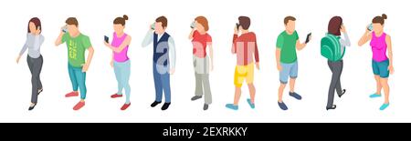 Conversazione telefonica. Comunicazione isometrica delle persone. Vector 3D caratteri maschili femminili con smartphone isolati su sfondo bianco. Comunicazione e conversazione telefonica, illustrazione della comunità Illustrazione Vettoriale