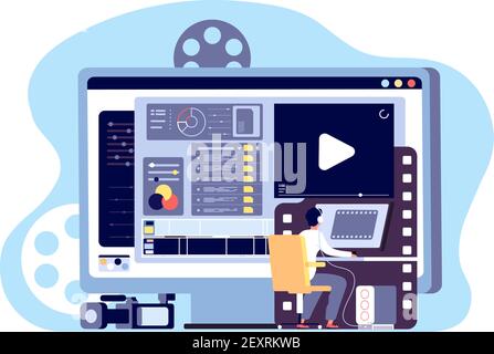 Concetto di editor video. Produzione di contenuti multimediali e editing di filmati. Fare sparare pagina web, studio filmmaking disegno vettoriale. Illustrazione di film di produzione, contenuti video, realizzazione e ripresa Illustrazione Vettoriale