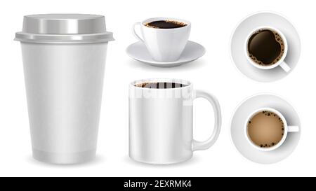 Tazze da caffè realistiche. Tazza con vista dall'alto raccolta vettoriale caffè take away. Tazze bianche isolate su sfondo bianco. Immagine della tazza da caffè e della tazza di cappuccino Illustrazione Vettoriale